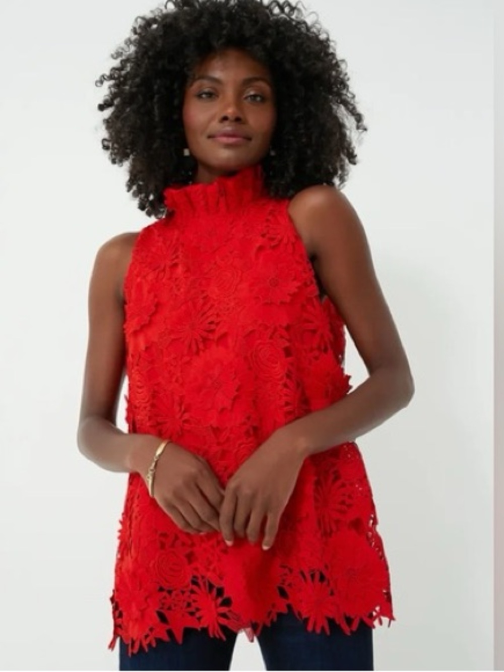 Tuckernuck Red Guipure Lace Faye Blouse Bow Back Ruffle Neck Sleeveless size XL